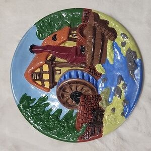 HANDMADE & HAND PAINTED  CERAMIC  3D PLATE WATER MILL.